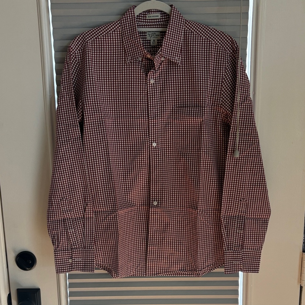 J. Crew Men's Red and White Checkered Shirt